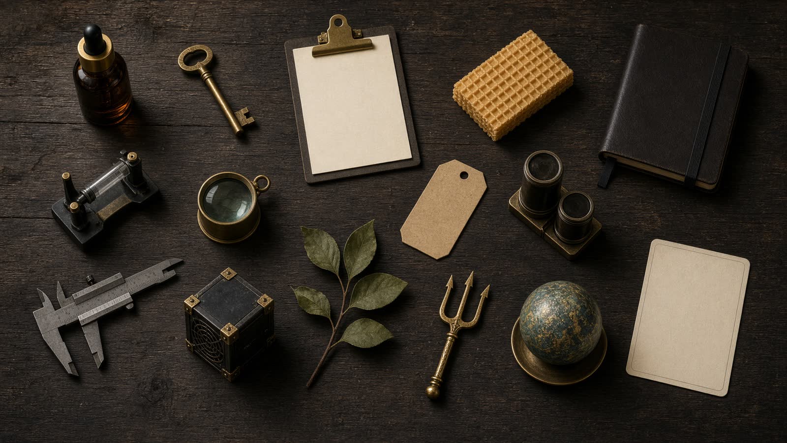 Overhead of fifteen distinct partner objects on a dark forest table.