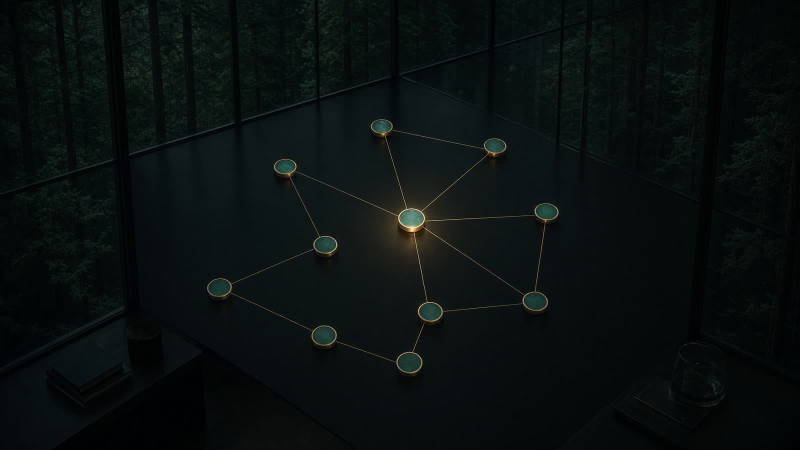 Constellation of origin-isolated partners around a brighter command node on a dark forest table.
