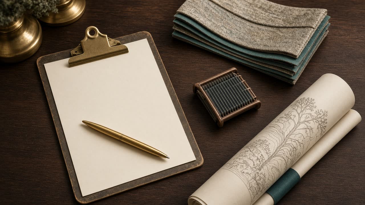 Clipboard, brass rule, and a gold PDF seal on a trades bench.