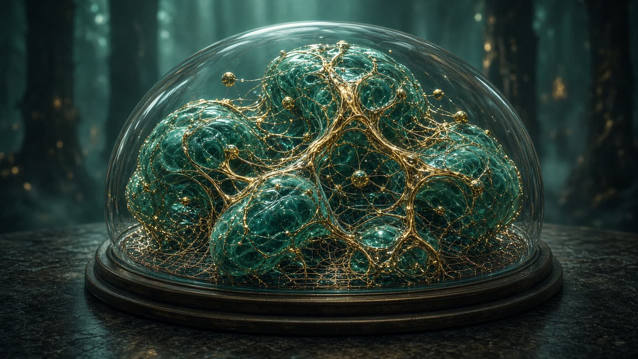 Neuromorphic lobe lattice with gold PEFT threads binding model orbs under glass.
