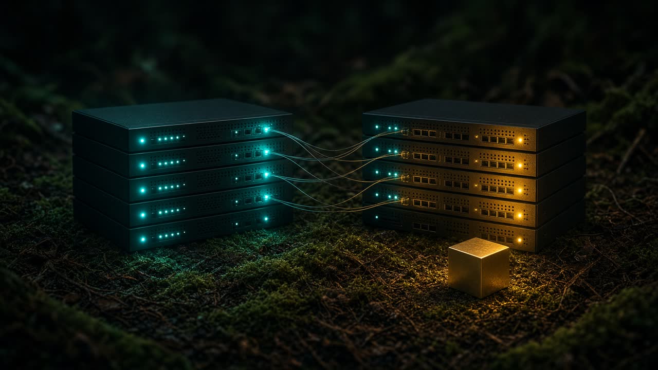 Two parallel server stacks, one teal-live and one gold-standby, on a dark forest floor.