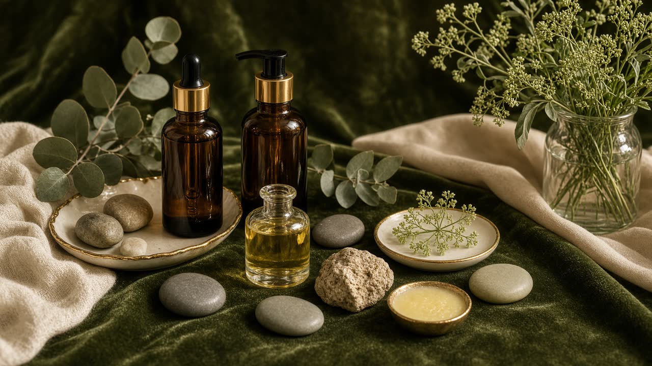 Linen-wrapped body-care bottles and a brass ritual tray on dark wood.