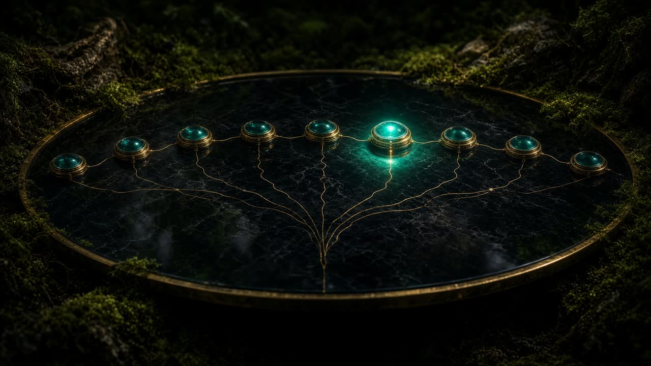 Nine gold-rimmed teal factory stations in an arc, one gate node glowing.